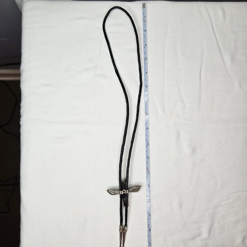 Vtg Bolo Tie Eagle Totem Silver Tone Turquoise Black Leather Braided Cord Native